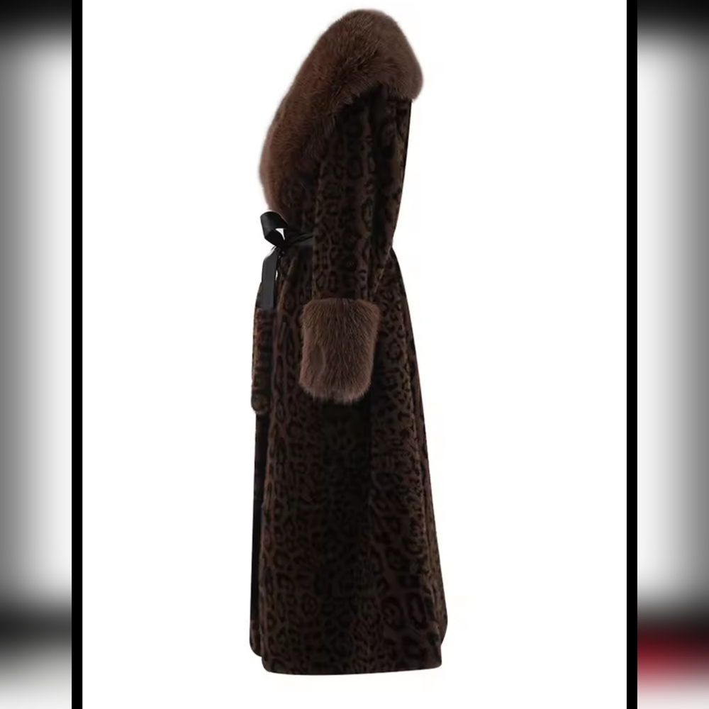Brown Leopard Print Big Size Long Faux Fur Jacket For Women Lapel Long Sleeve - Picture 9 of 10